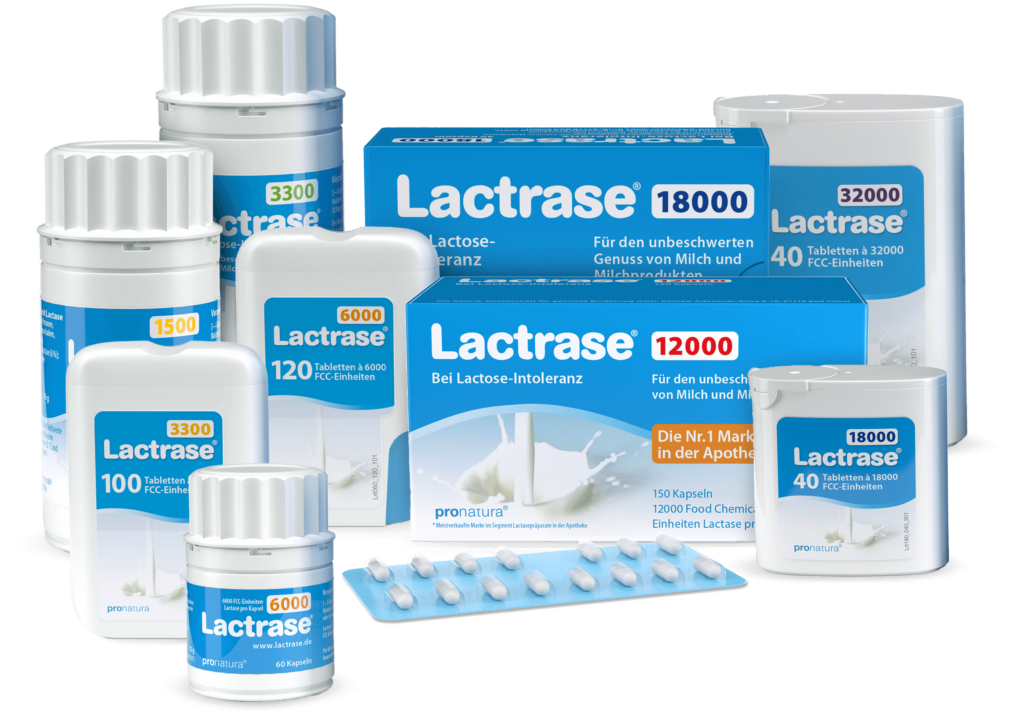 Übersicht des Lactrase Sortiments an Laktase Tabletten und Kapseln bei Laktoseintoleranz.