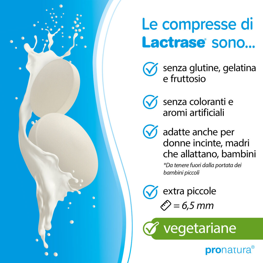 Le compresse di Lactrase per l'intolleranza al lattosio sono prive di glutine, gelatina e fruttosio, senza coloranti e aromi, e sono adatte anche alle donne in gravidanza, alle madri che allattano e ai bambini.